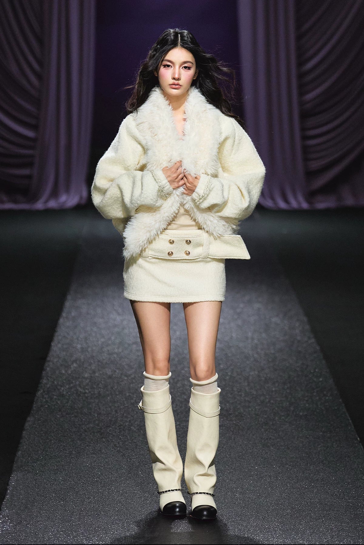 "Winter Heiress" Ivory Wool-Blend Belted A-Line Mini Skirt