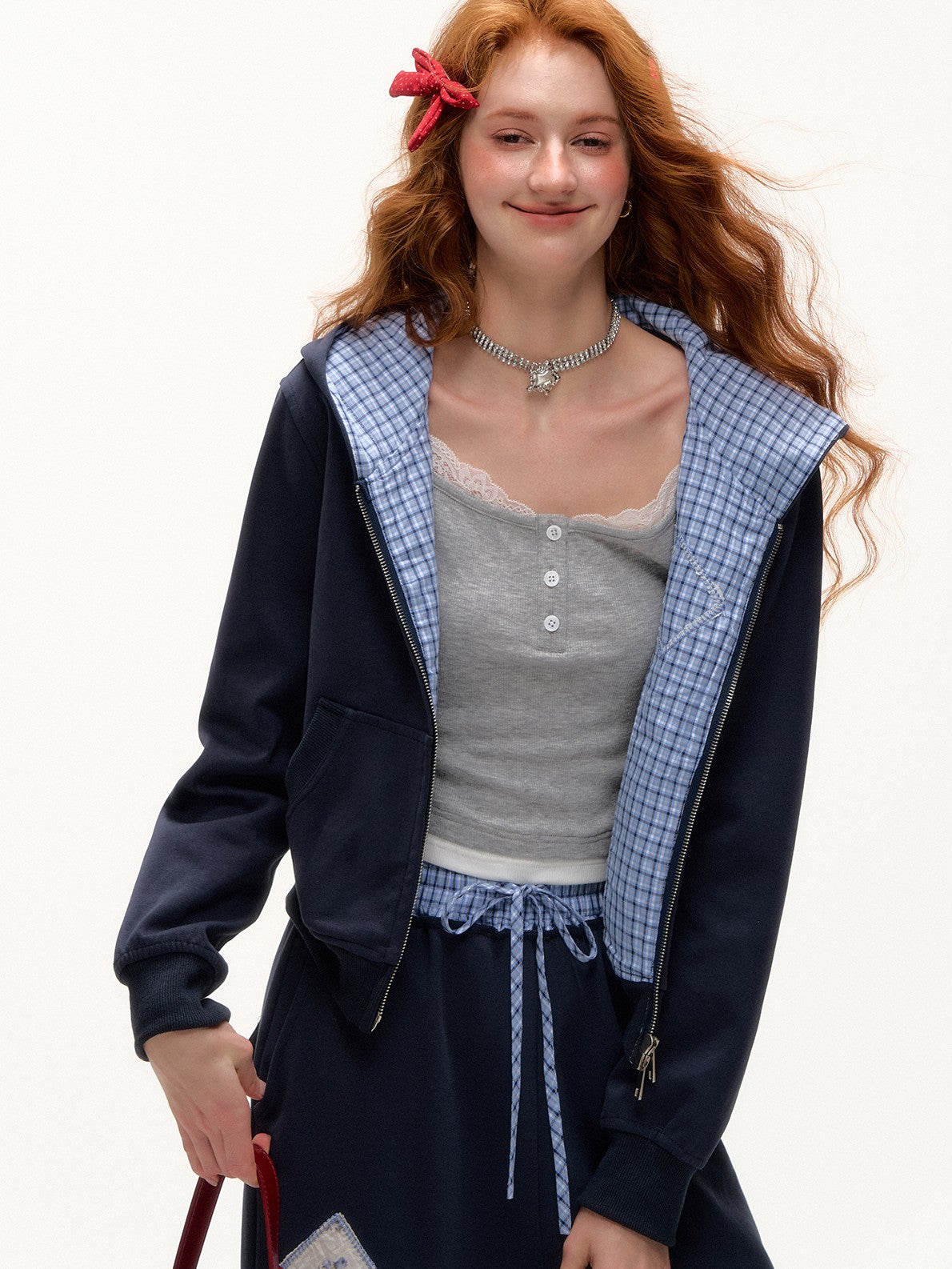 ASGONY - Preppy Patchwork Hoodie & Straight-Leg Sweatpants Set
