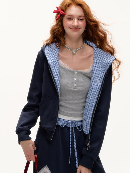 ASGONY - Preppy Patchwork Hoodie & Straight-Leg Sweatpants Set