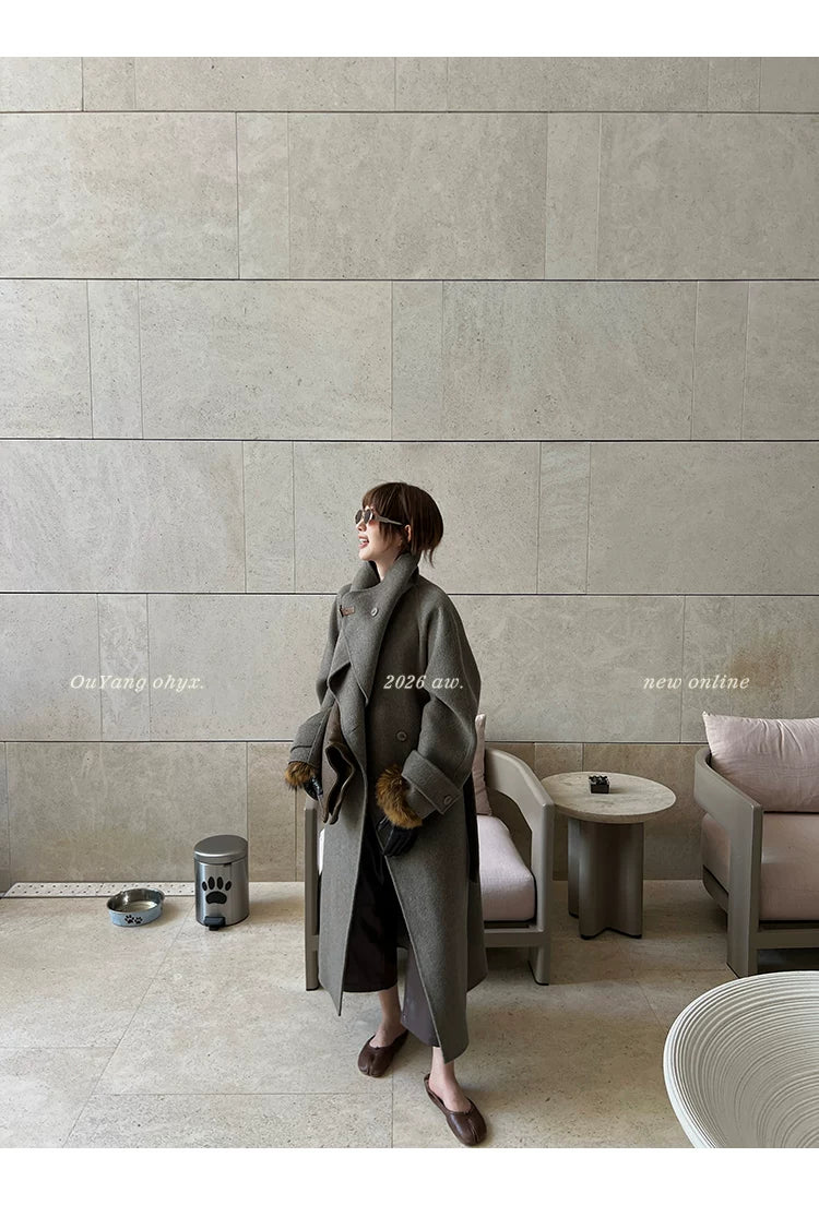 QuQuOuYang - 100% Wool Double-Face Belted Coat with Convertible Collar