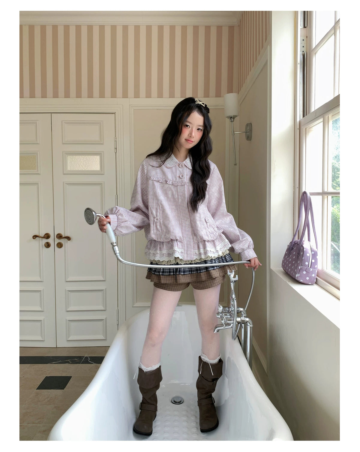 [RF] “Cream Garden Reverie” Light Purple Plaid Ruffle Lace-Trim Jacket