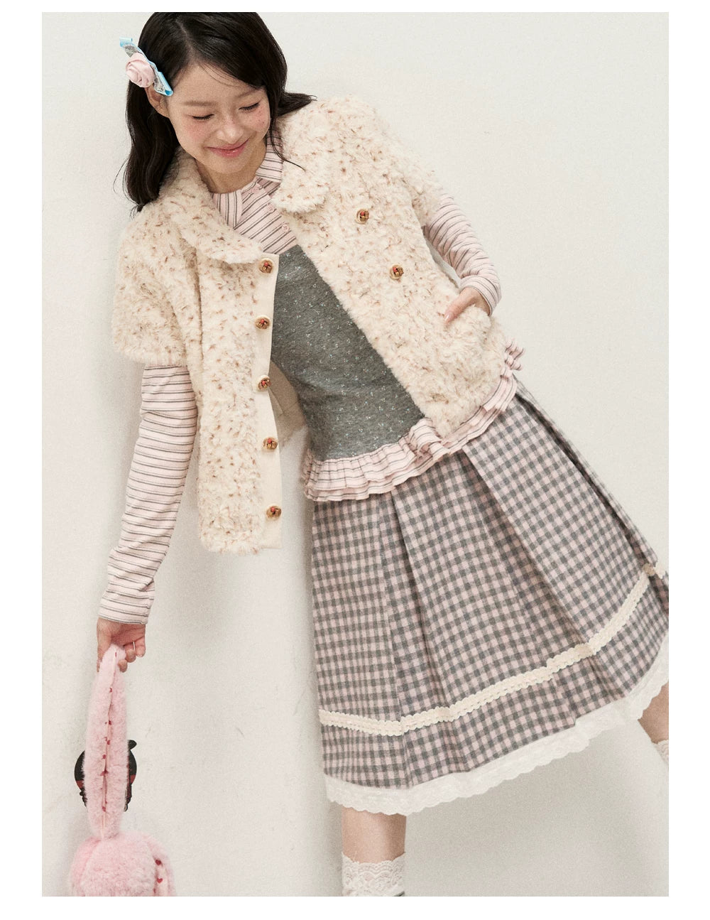 [RF] Gray & Pink Plaid A-Line Midi Skirt with Lace Trim