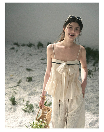 “Breeze Over Pleats” Cream Ribbon Camisole Top
