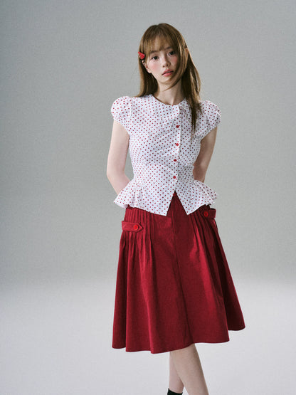 LOST FOREST - Pleated Cotton Utility Skirt (Red / Black)