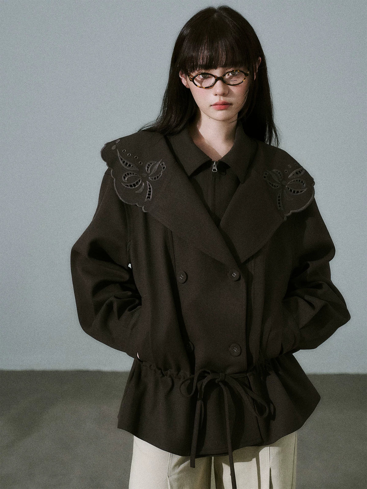 LOST FOREST - Deep Brown Embroidered Collar Lyocell-Wool Jacket