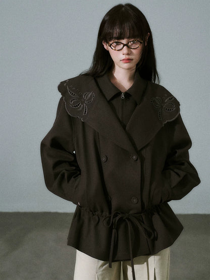 LOST FOREST - Deep Brown Embroidered Collar Lyocell-Wool Jacket