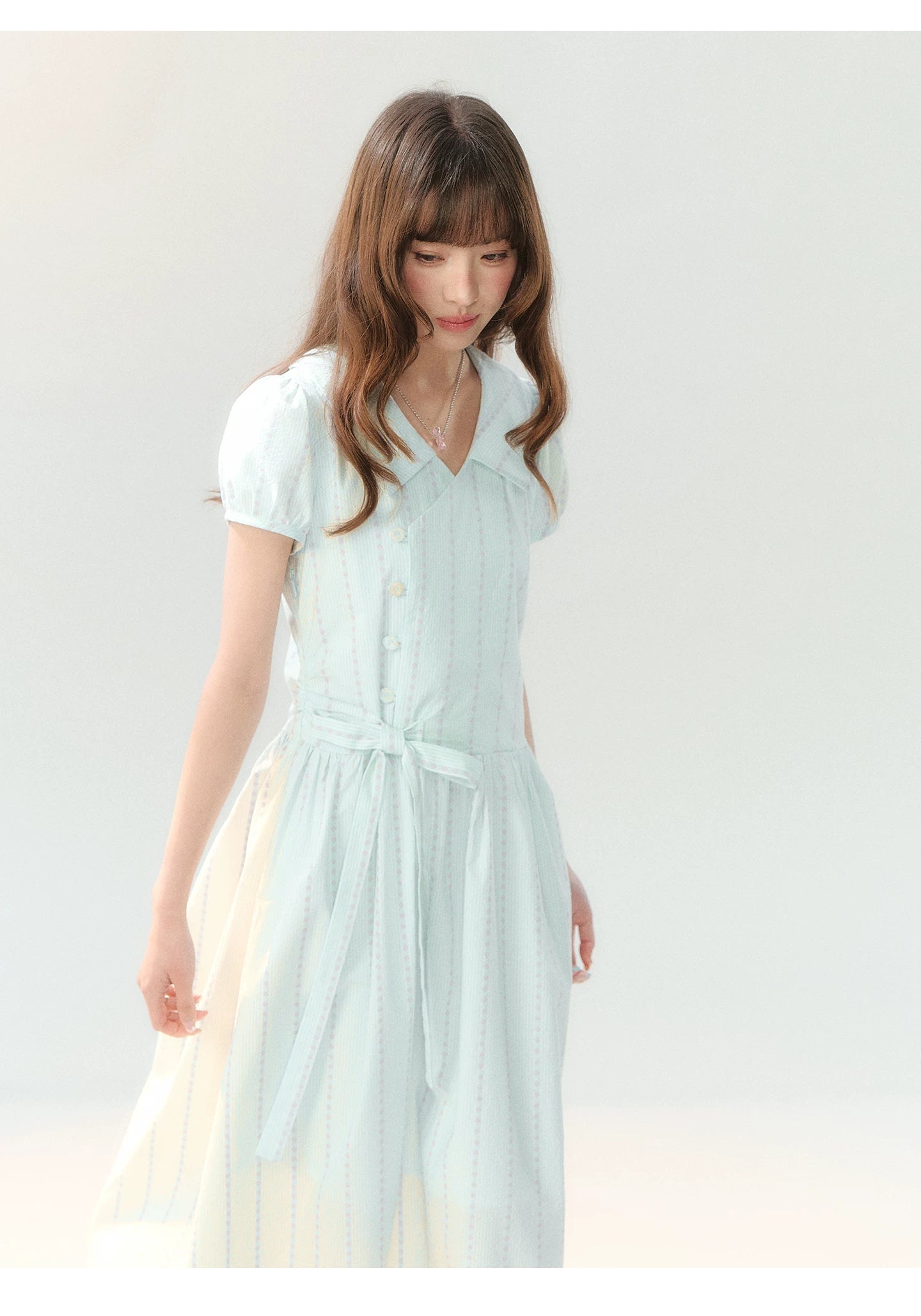 "Early Summer Letter" Blue Stripe Bow-Tie Wrap Dress PP2026211