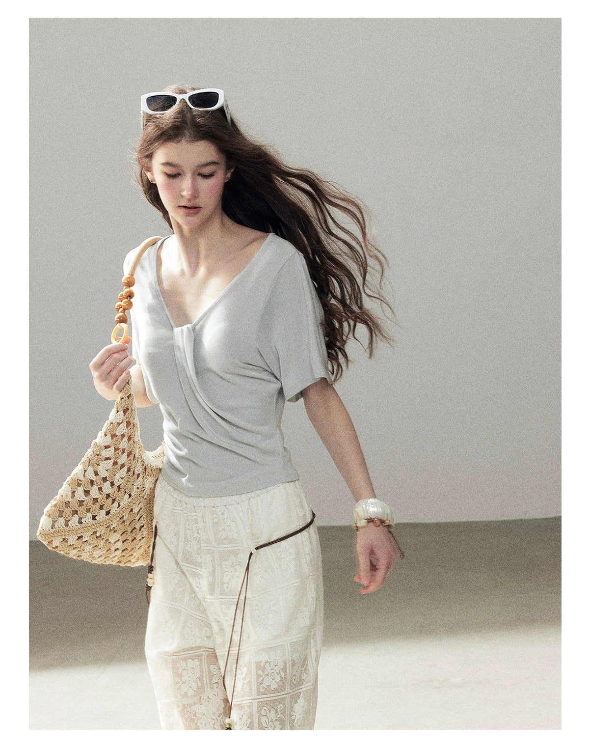 "Moonlight on Water" Twist-Front Cropped T-Shirt (Silver Mink Gray/ Mist Blue)