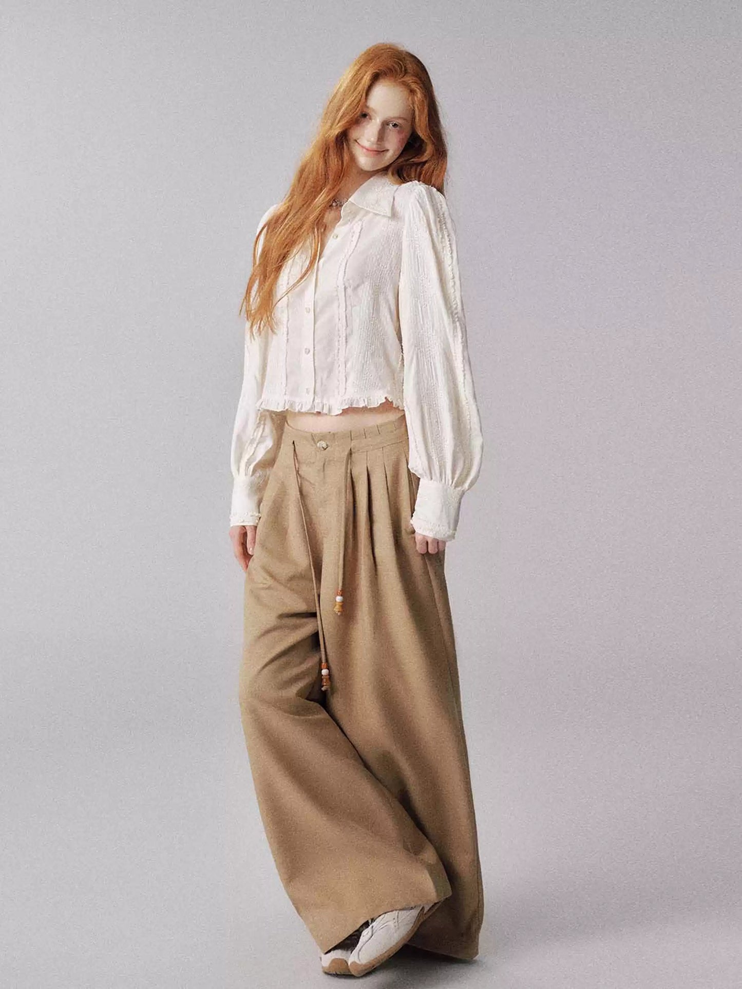 “琥珀胡桃木” Drawstring Beaded Wide-Leg Trousers