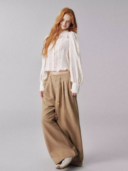 “琥珀胡桃木” Drawstring Beaded Wide-Leg Trousers