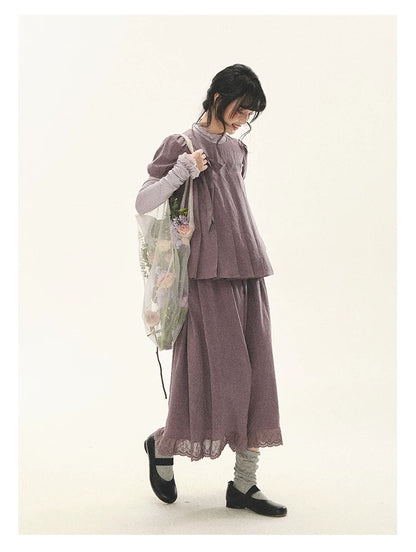 "Whispers Between Pleats" Gray Grape Purple Pleated Top & Maxi Skirt Set