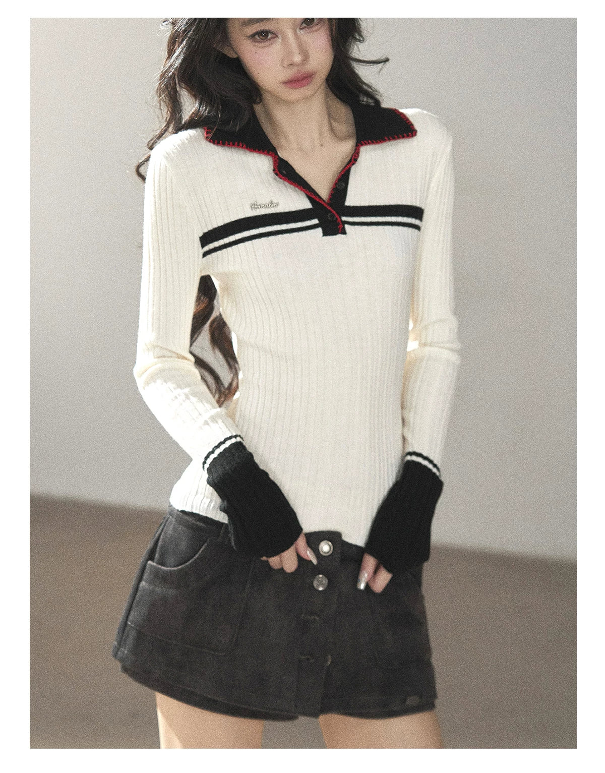 AOMALM - "Soft Moonlight" Cream Almond White American Long-Sleeve Polo Knit Top