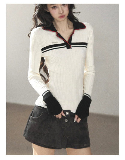 AOMALM - "Soft Moonlight" Cream Almond White American Long-Sleeve Polo Knit Top