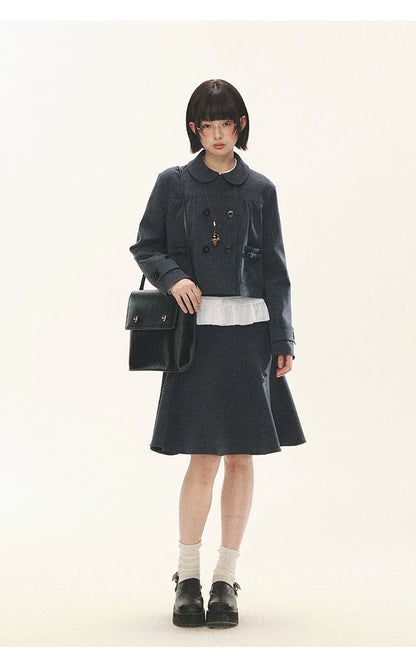 "First Day of Spring" Charcoal Gray Bow Blazer & Asymmetrical Skirt Set