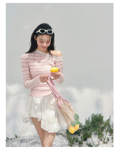 少也眼 “A Gentle Glance” One-Shoulder Lace Knit Long-Sleeve Top - Soft Pink 43552
