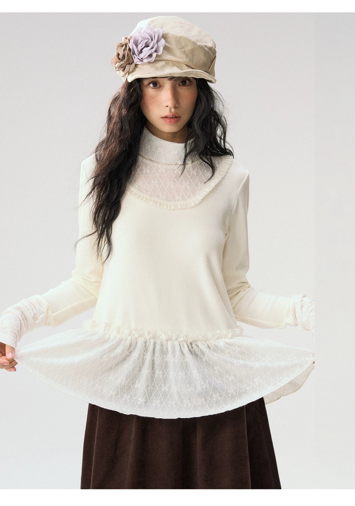 [CAN] “Cream Cloud” Ivory Lace Ruffle High-Neck Top