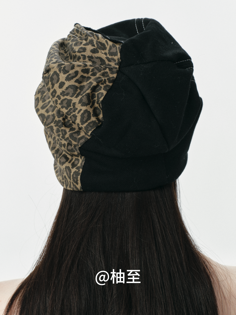 Leopard Patchwork Headscarf Beanie – Korean Style Slouchy Cap
