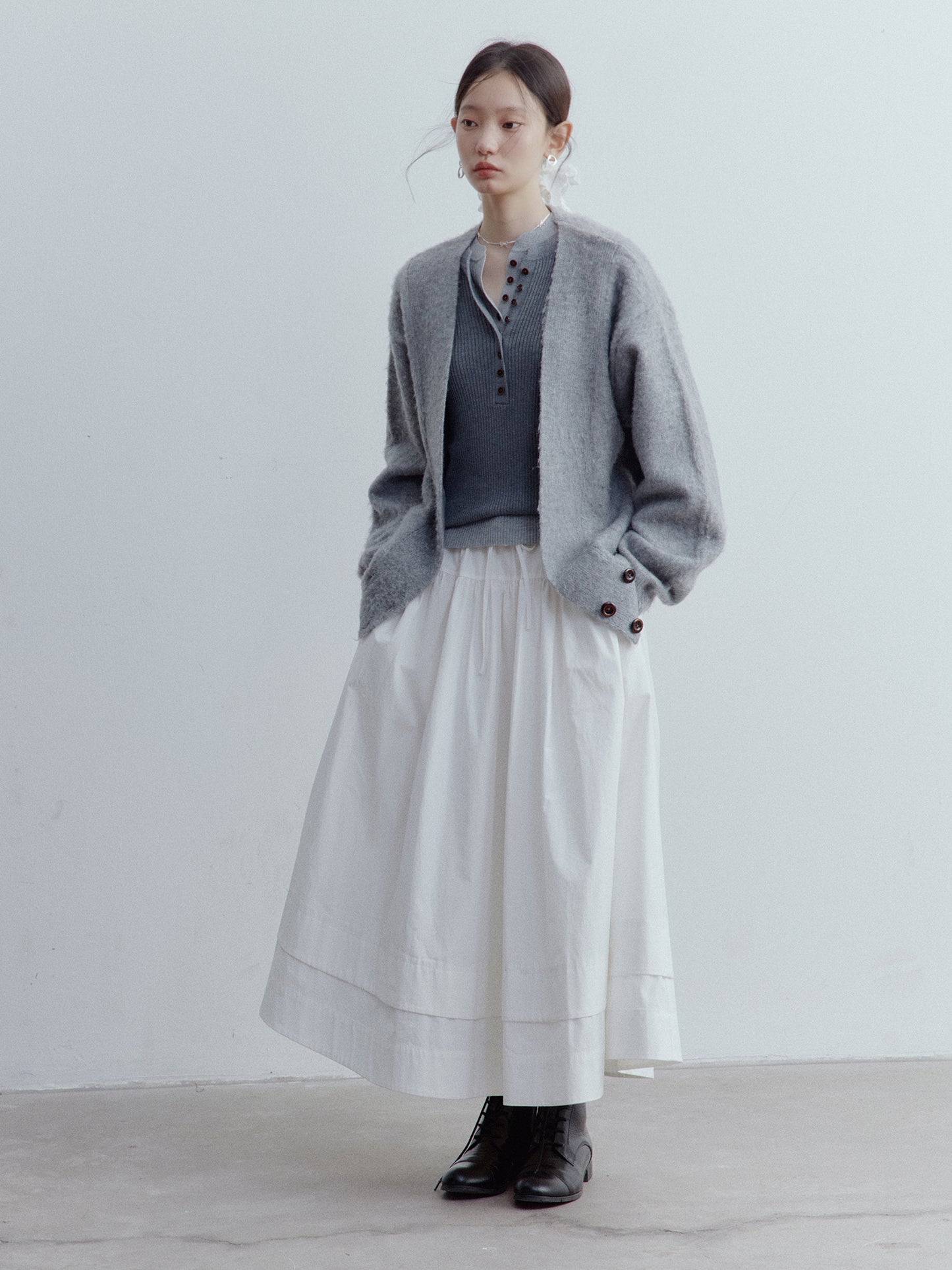 FUSSED Everyday Nerd Pleated Cotton Midi Skirt in Mist White FOF-25SS172a