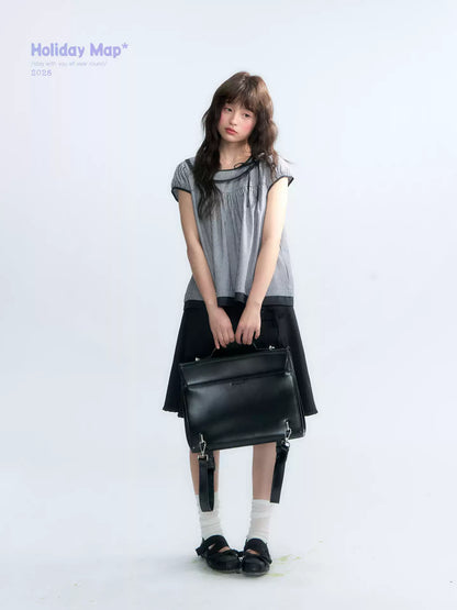 "Black Toast" Black Stripe Asymmetrical Collar Babydoll Blouse