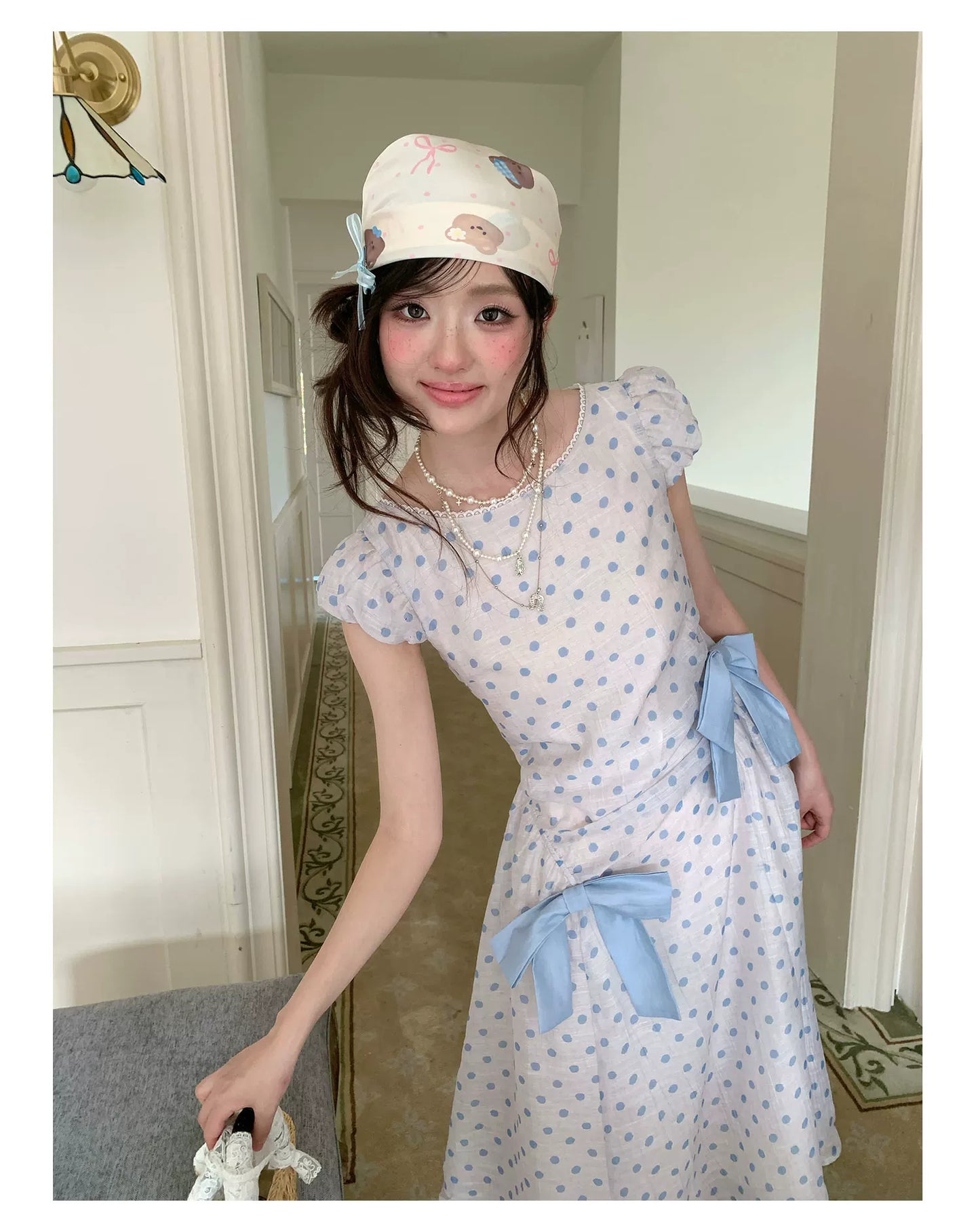 “Blue Mist Polka Reverie” Mist Blue Bow Lace Dress