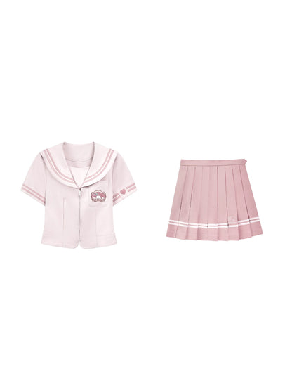 "Cherry Melody" Pink Sailor Uniform Set (Sailor Collar Shirt + Pleated Skirt + Ribbon Bow)