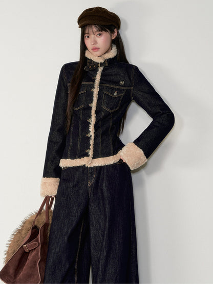 Soote Season - "Raw Denim Muse" Cinched Waist Fur-Trim Denim Down Jacket
