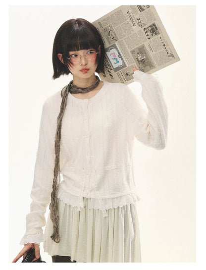 "Wisteria Whisper" Open-Knit Lace Tie Cardigan (Wisteria/ Ivory)