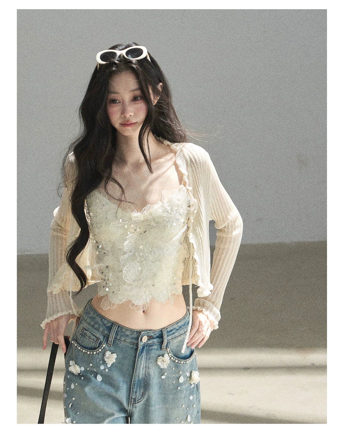 "Waiting for the Breeze" Apricot Lace Knit Cardigan & Cami Set
