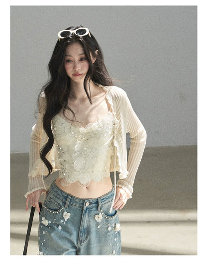 "Waiting for the Breeze" Apricot Lace Knit Cardigan & Cami Set
