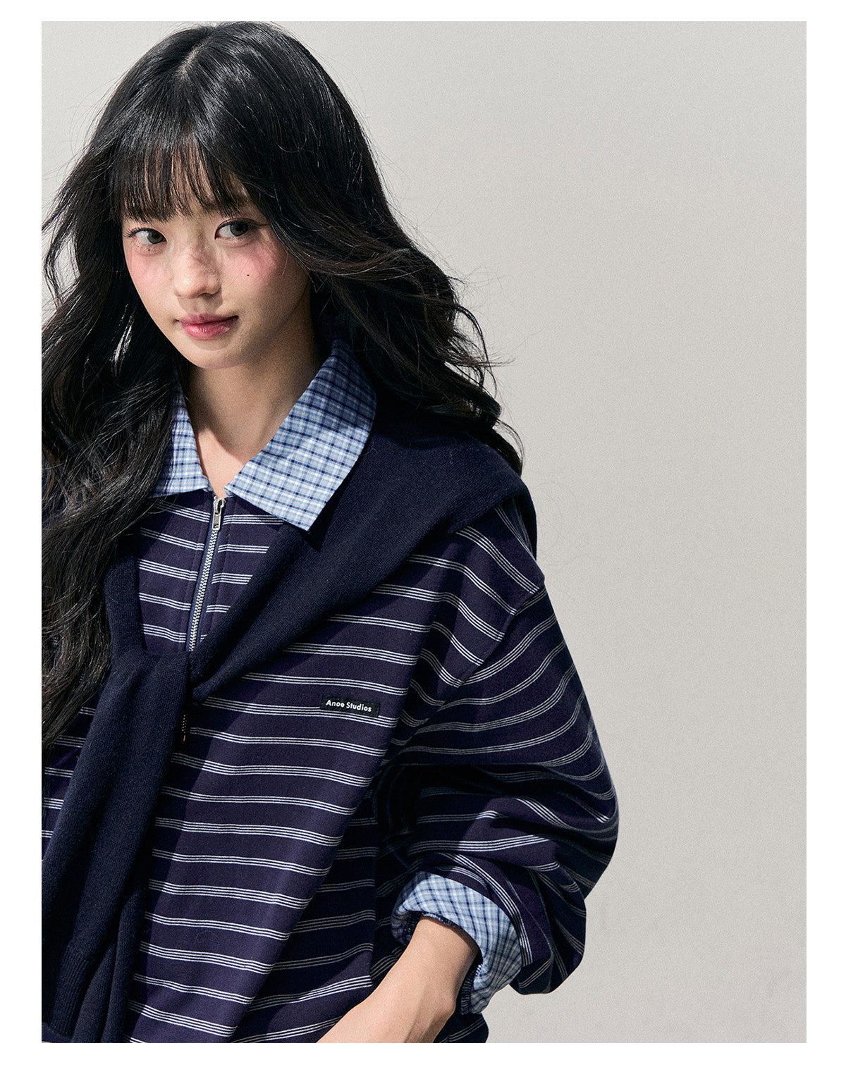 少也眼 “She Fades into Blue” Faux-Layered American Stripe Polo Top 54542
