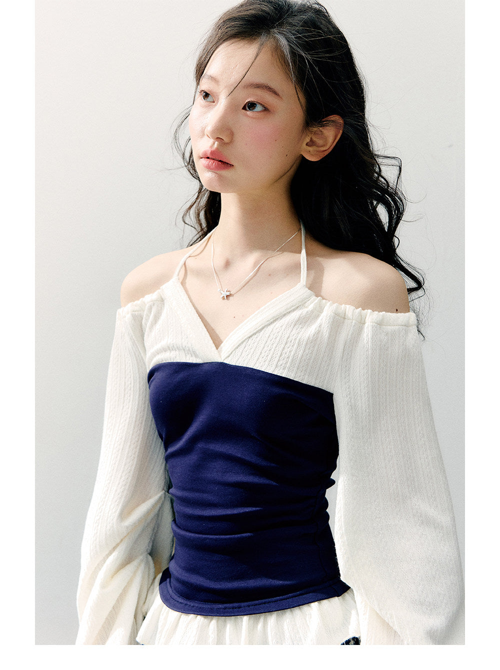 ANNATTO - Spring Navy & Ivory Off-Shoulder Knit Top & Plaid Pants Set