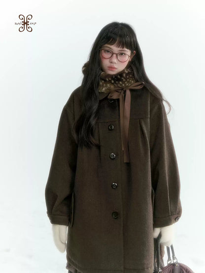 Horridale - Peter Pan Collar Pleated Mid-Length Wool-Blend Coat – Brown Coffee