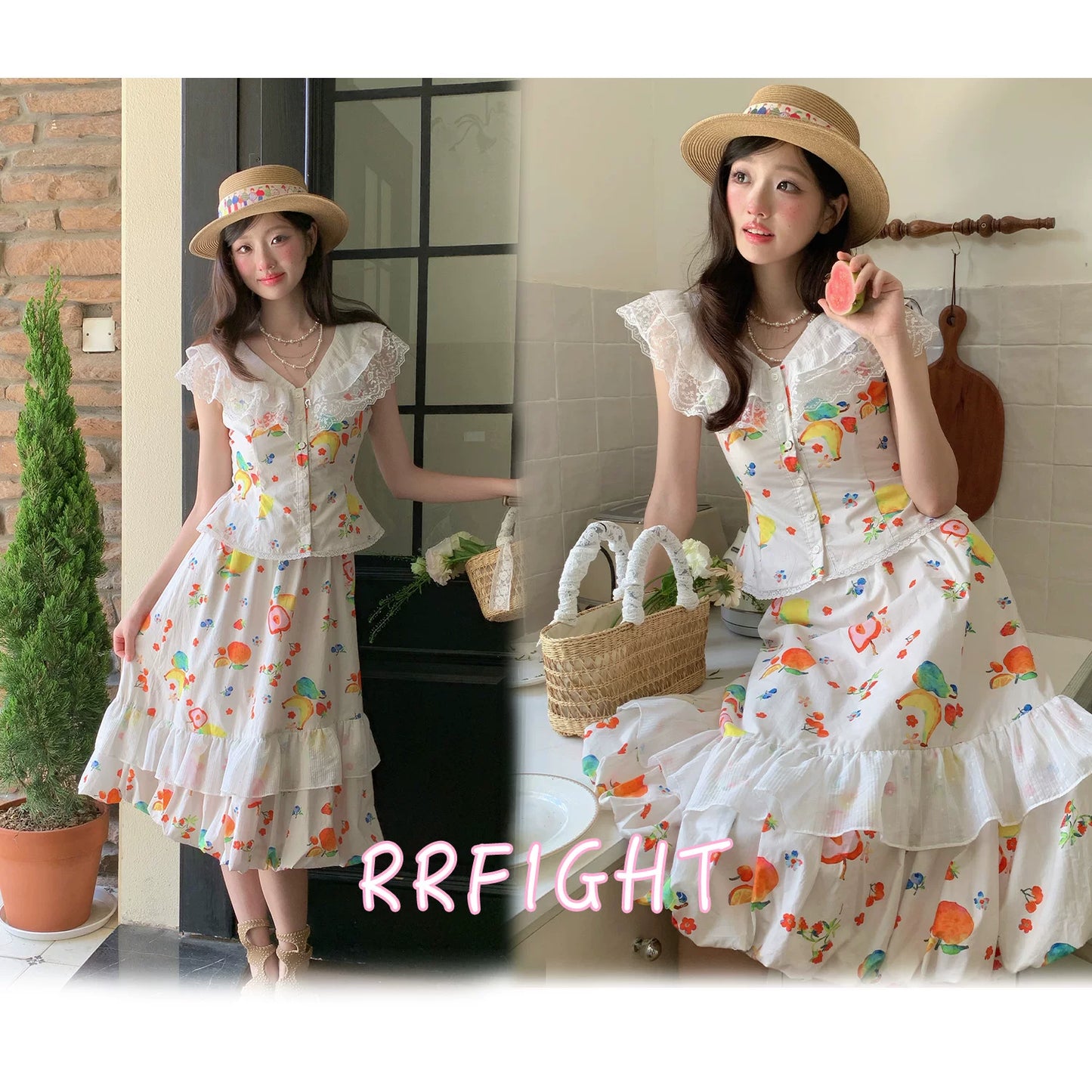 “Honeyfruit Summer Breeze” Beige Printed Skirt Set