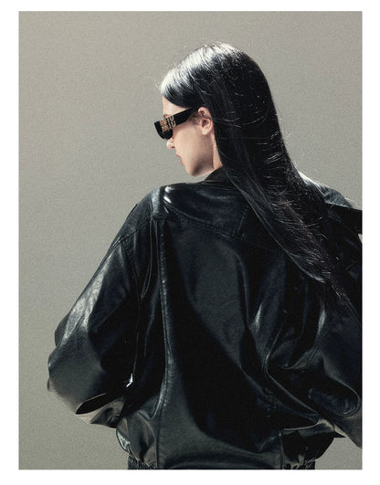 AOMALM - "Solo Journey" Quiet Black Oversized PU Moto Jacket
