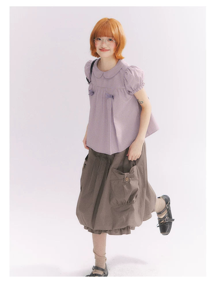 “Sweet & Cool Girl” Taupe Bow Drawstring High-Waist A-Line Cargo Skirt