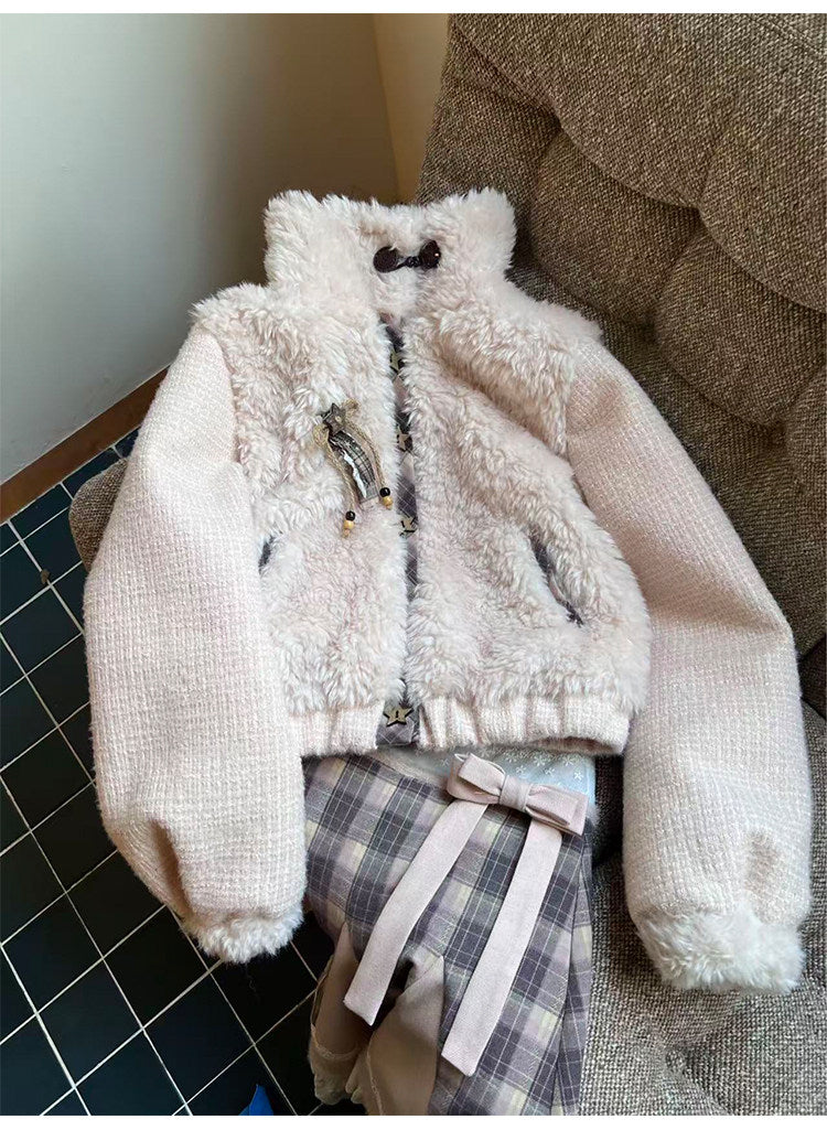 阮阮自制 - Love String Pink Plaid Wool Jacket & Mini Skirt Set