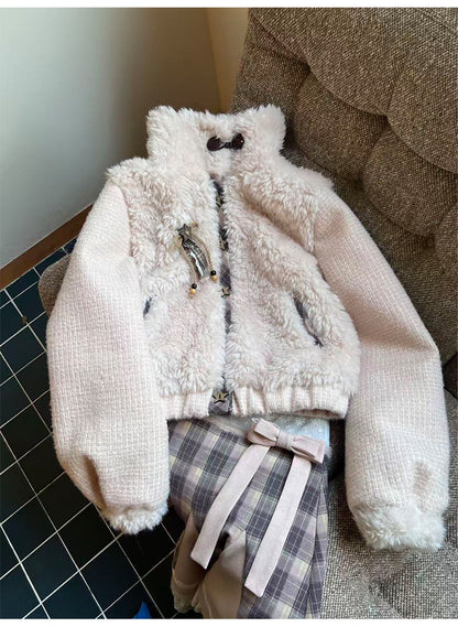 阮阮自制 - Love String Pink Plaid Wool Jacket & Mini Skirt Set