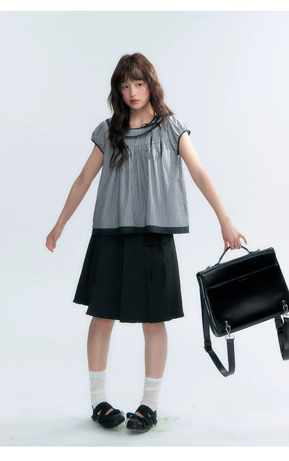 "Black Toast" Black Stripe Asymmetrical Collar Babydoll Blouse