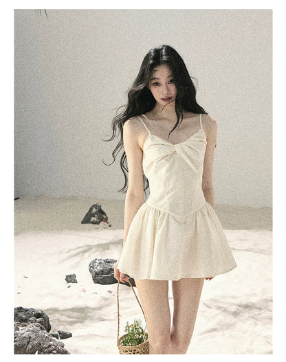 "Veiled in Mist" Cream Apricot Puff Mini Dress & Chiffon Shawl Set 5348