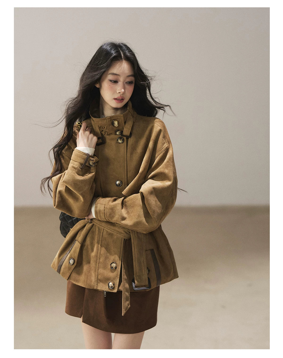 AOMALM - Chestnut Brown Faux-Suede Cropped Utility Coat with Belt