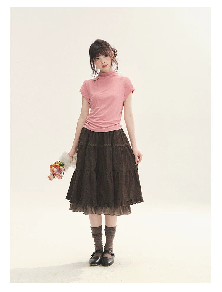 "Rose Haze" Dusty Pink Mock Neck Ruched Puff Sleeve Top