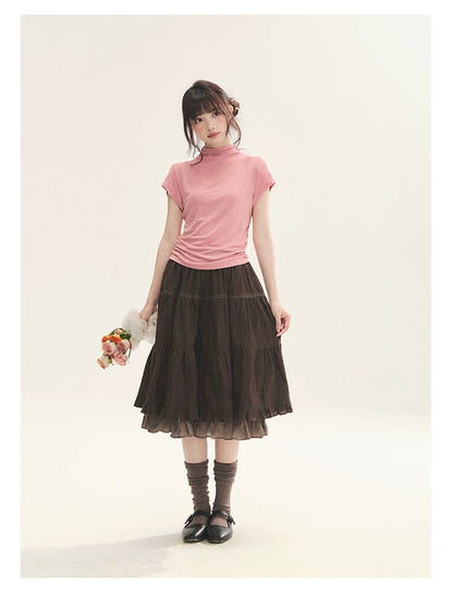"Rose Haze" Dusty Pink Mock Neck Ruched Puff Sleeve Top