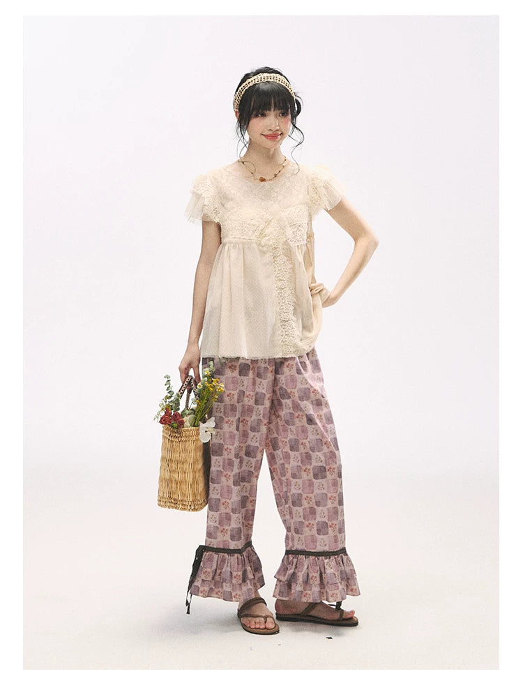 "Apricot Blossom Letter" Oatmeal Lace Patchwork Short Sleeve Blouse