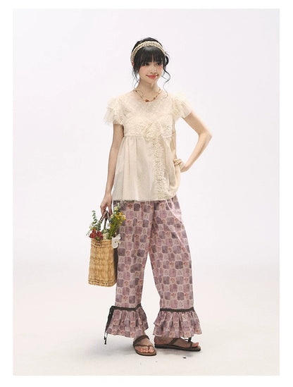 "Apricot Blossom Letter" Oatmeal Lace Patchwork Short Sleeve Blouse