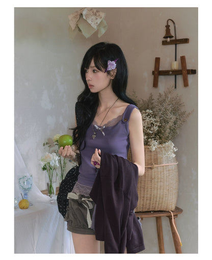 "Sage Whisper" Two-Tone Lace Cami Top (Sage Stripe / Lavender)
