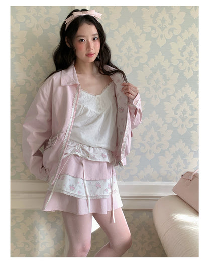 [RF] “Blush Meadow” White & Pink Floral Reversible Jacket and Mini Skirt Set