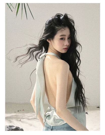 "Flowing Silk Reverie" Light Bean Green Halter Backless Top 536845