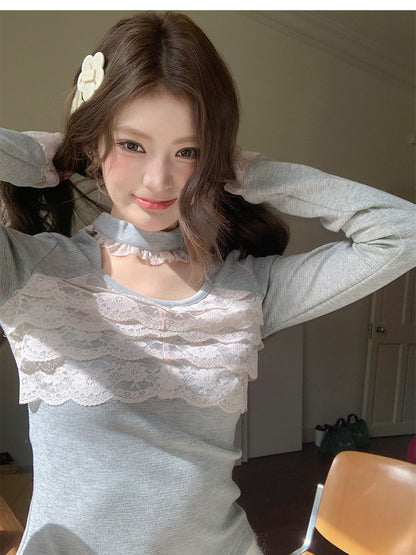 阮阮自制 - Satin Knot Mist Gray Lace-Panel Knit Base Top