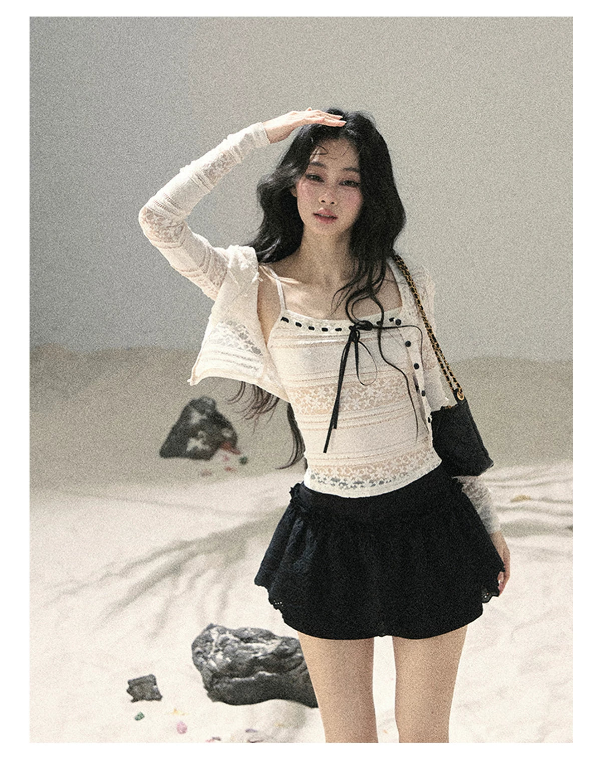 "Summer Shimmer Reverie" Creamy Oat White Lace Cutout Cardigan & Camisole Set 5864536513