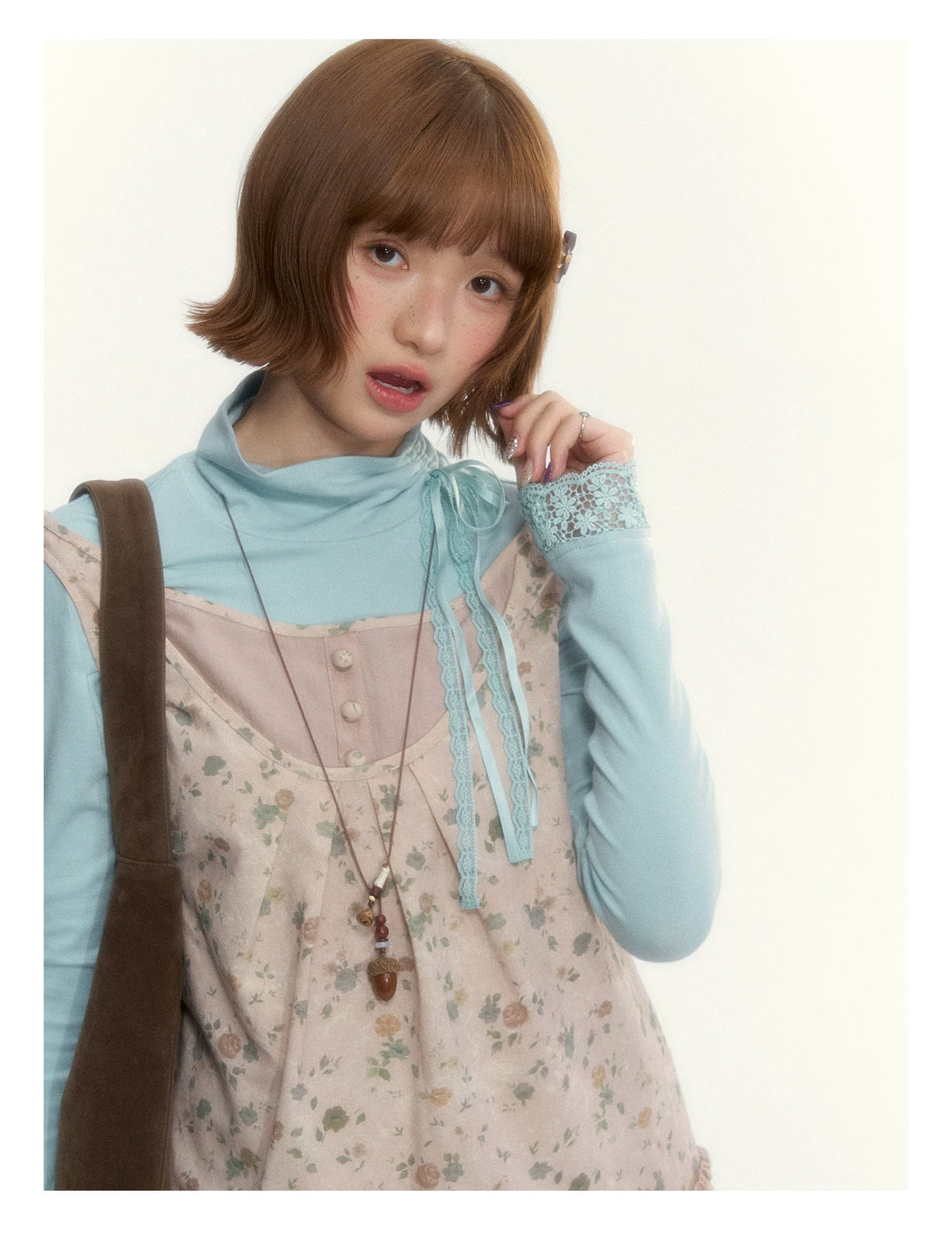 “Mint Milk Pudding” Mint Blue Lace-Trimmed Mock Neck Knit Top